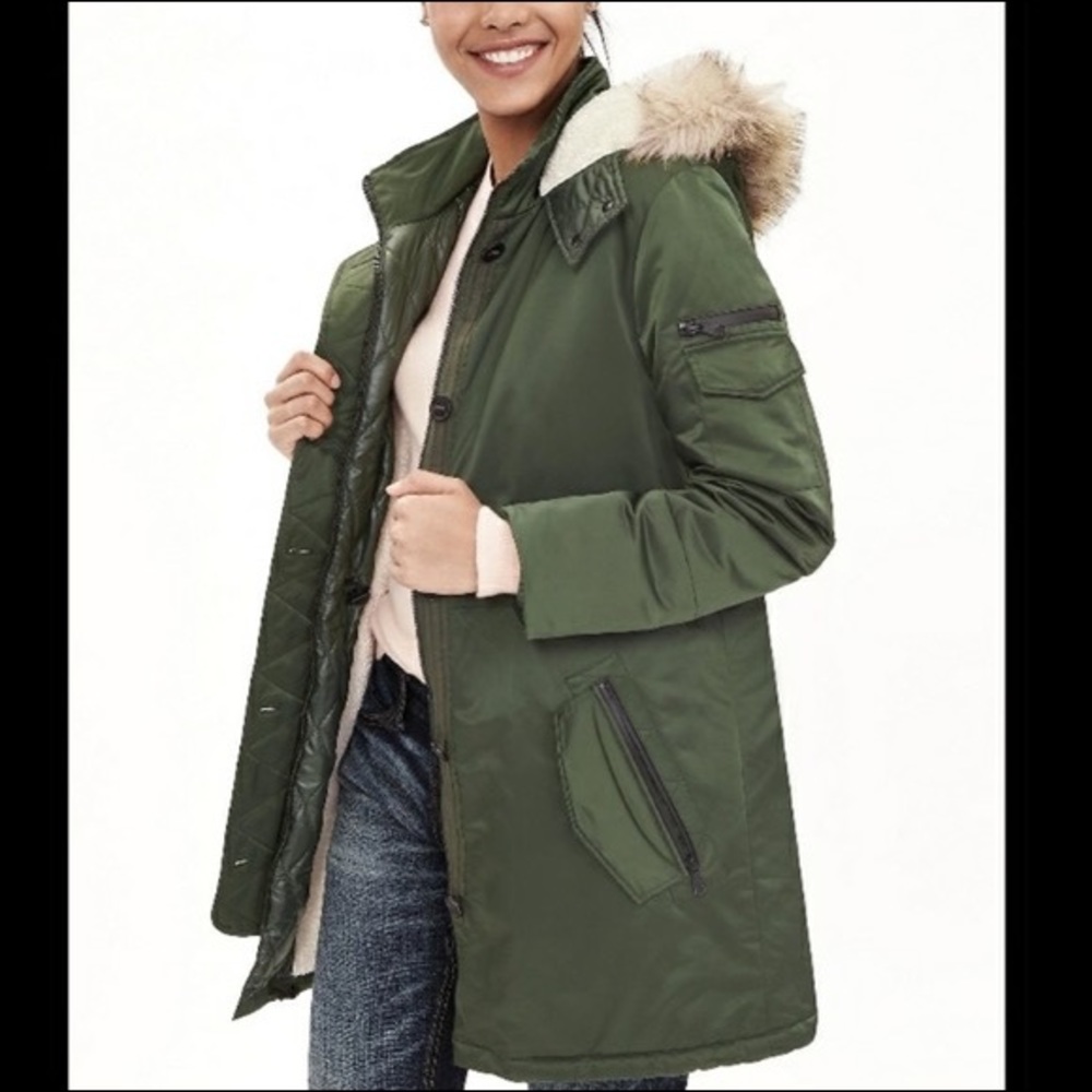 Banana Republic Womens Green Faux Fur Hooded Parka Winter Coat